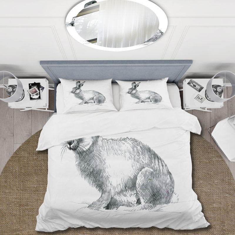 Portrait monochrome de lapin - ensemble de housse de couette Farmhouse - microfibre de polyester