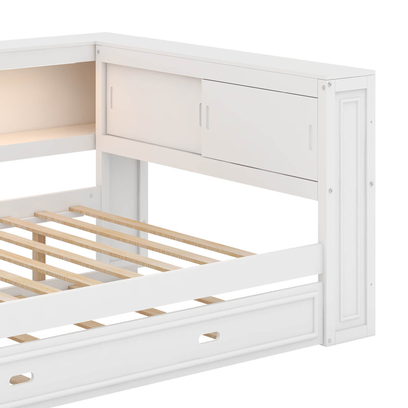 Lit de jour en bois pleine grandeur avec tablettes, DEL et lit gigogne, Blanc