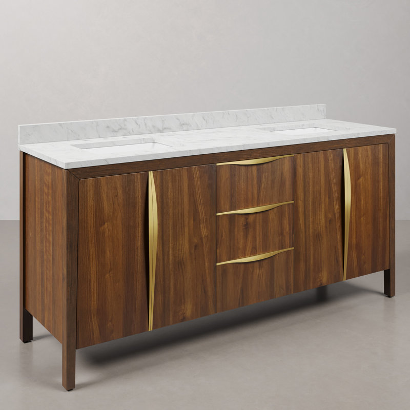 Ferrero 72 in. Double Sinks Carrara White Marble Bath Vanity in Noir Juglans with Satin Gold Hardware