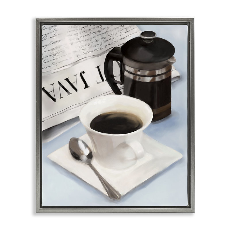 Art mural noir sur toile flottante, café noir et journal, design par Carol Robinson, H 21 po x l 17 po