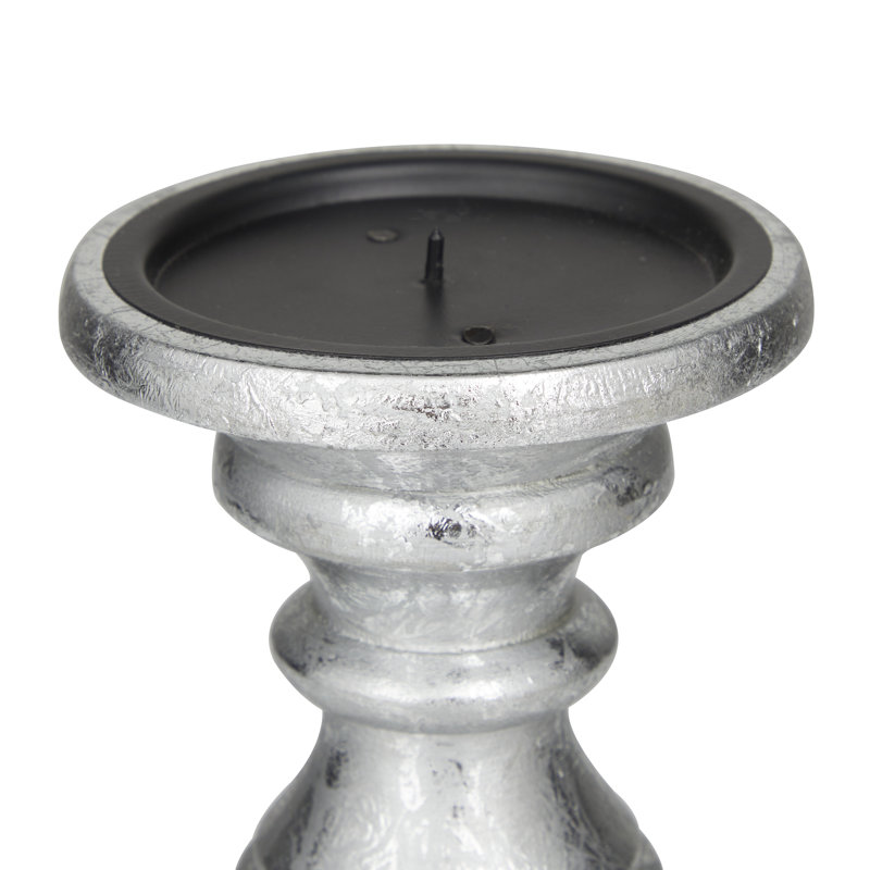 Mango Wood Turned Style Pillar Candle Holders, Silver