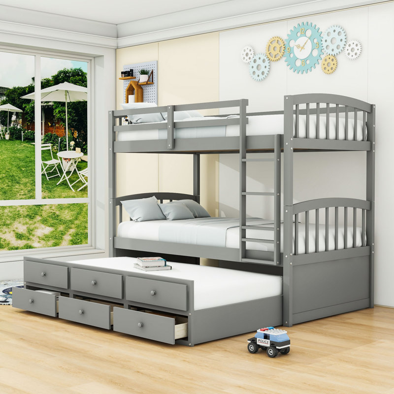 Ellaya Kids Twin Over Twin Bunk Bed with Trundle with Drawers, Gray
