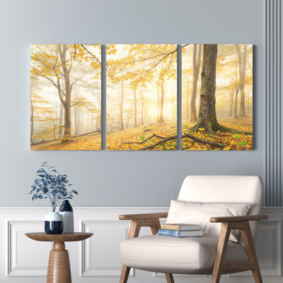 Ensemble de 3 tableaux sur toile représentant un paysage de forêt d'automne