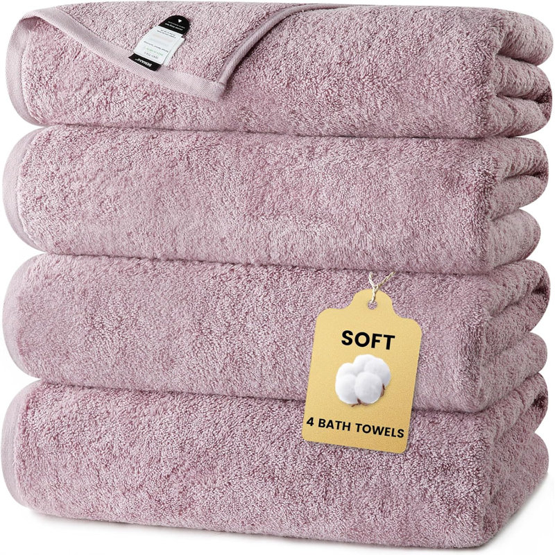 Bath Towel 55x28 Inch 100% Cotton, 4-Pack Extra Large Absorbent & Quick-Dry Towels, Soft for Shower, Pool, Beach and Guest Bathroom, Purple