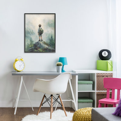Garçon aventurier au sommet d'une montagne, estampe numérique, design par Arlington Prints
