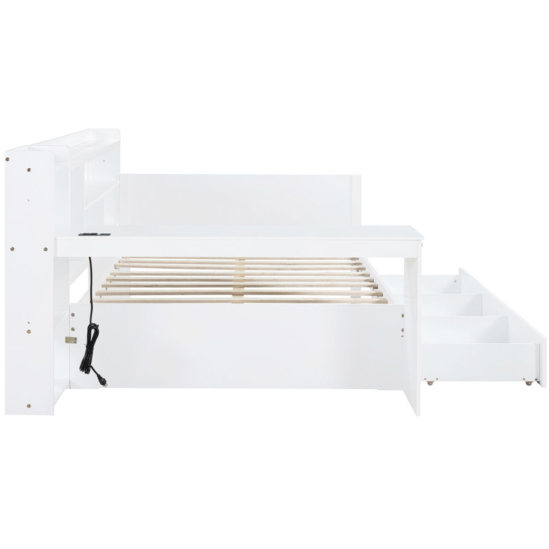 Lit de jour pleine grandeur en bois blanc - 3 tiroirs et bureau pour une chambre fonctionnelle avec ports blancs, Lit double