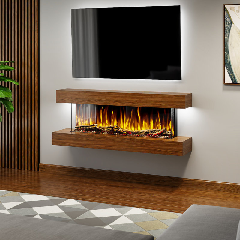 Studio 4 | Oak or Walnut | 54-inch Wall Mounted Electric Fireplace | Fully Assembled | 3-sided Panoramic Flame | Remote Control | Led Side Lights