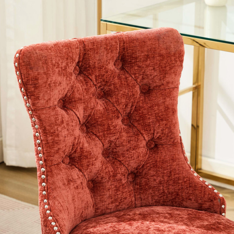 Chaise de bureau orange moderne, revêtement en chenille avec boutons, base en métal, pivot réglable, coussin à rebond élevé, garniture cloutée décorative tirée à la main, confortable pour étude en éponge