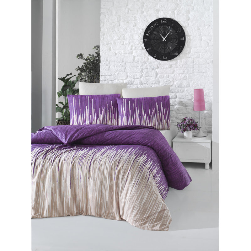 Ensemble de housse de couette 100% coton Abadou, Housse de couette très grand + 2 taies d'oreiller, Lilas / blanc / beige