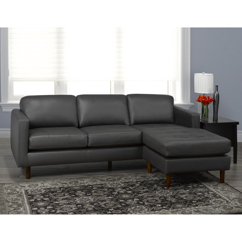 Canapé et méridienne en cuir véritable de 88 po de largeur Twyla, Gris foncé