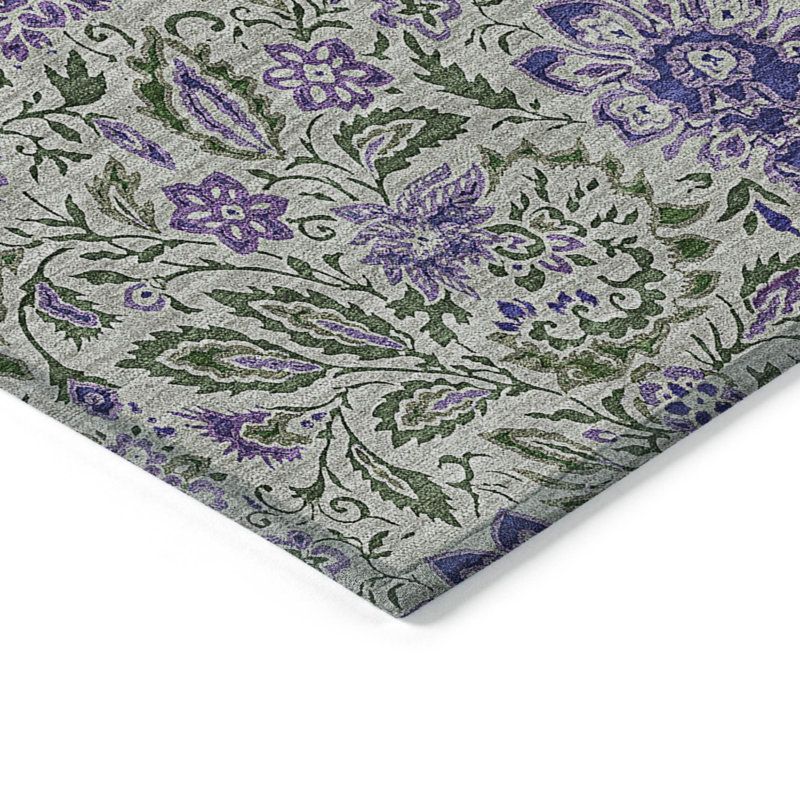 3' X 5' Olive Green Sage And Purple Floral Washable Indoor Outdoor Area Rug
