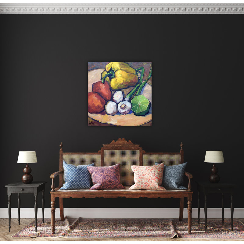 Poivrons, limes et champignons - reproduction d'artiste sur toile, H 32 po x l 32 po x P 2 po, Cadre flottant brun