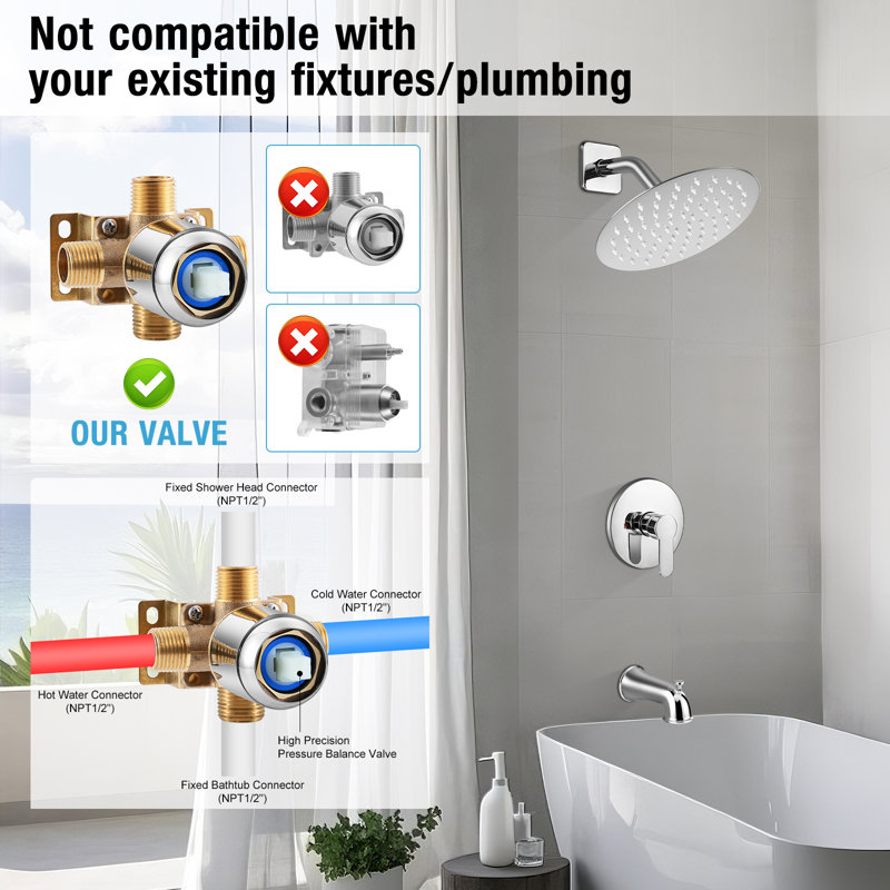 Modern Raincan Round Single-Function Tub and Shower Faucet Set, Valve Trim Kit, Rainfall Shower Head, Chrome
