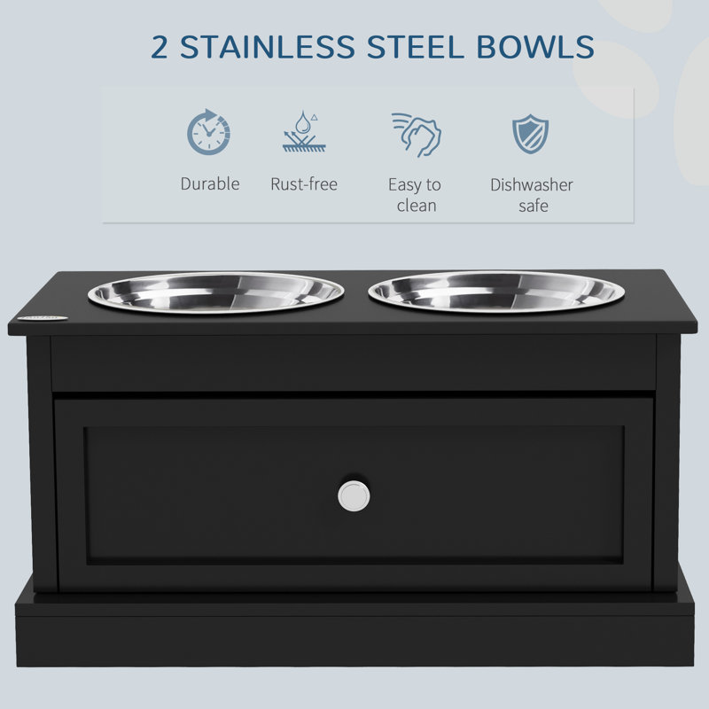 Black Elevated Dog Bowls with Storage Drawer and Stainless Steel Bowls