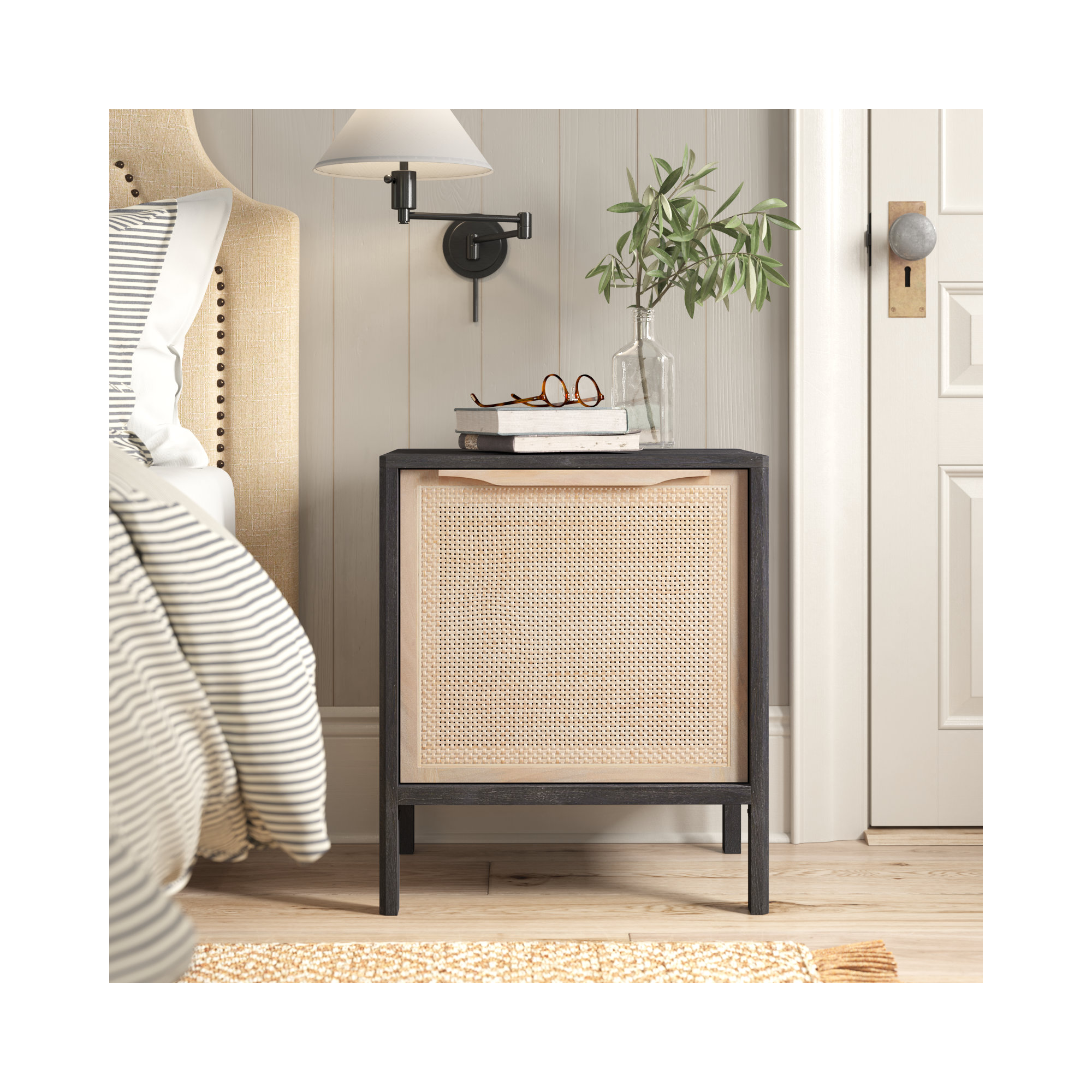 Nellie Cane Nightstand, Right, Black Wash/Natural