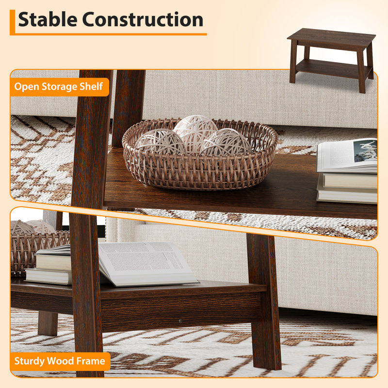 Modern Farmhouse Coffee Table with Storage Shelf, 2-Tier Living Room Table Rectangular Center Table, Home Office Industrial Cocktail Tables
