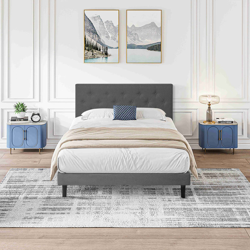Upholstered Platform Bed Frame with Modern Button Tufted Linen Fabric Headboard No Box Spring Needed Wood Slat Support Easy Assembly
