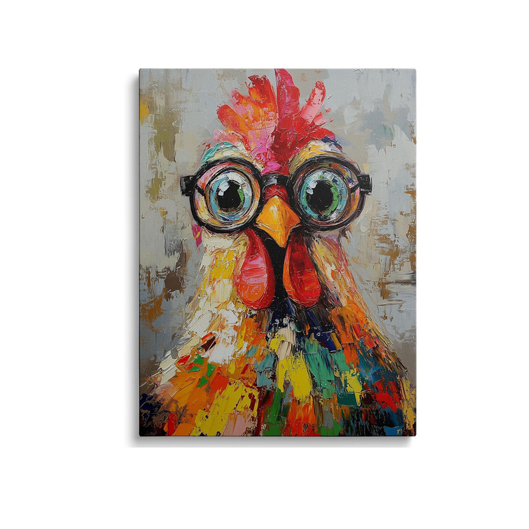 Funny Chicken with Glasses Picture Wall Decor Framed Rooster Graffiti Canvas Wall Art Colorful Cock Animal Prints Poster Cool Painting for Living Room