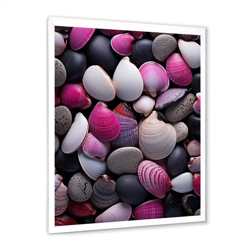 Collage de bord de mer rose, gris, rose, blanc et coquillages, H 20 po x l 12 po x P 1 po, Cadre photo blanc