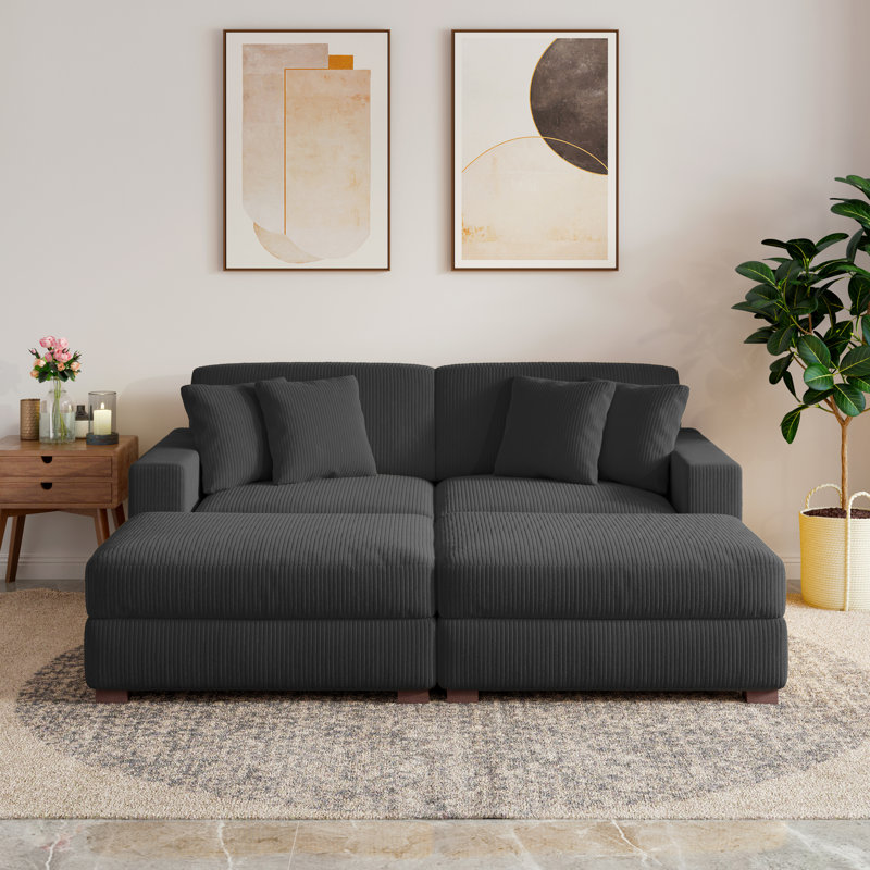4-Piece Upholstered Gray Corduroy Modular Sectional Sleeper Sofa Set With Armchairs & Removable Ottomans, Gray