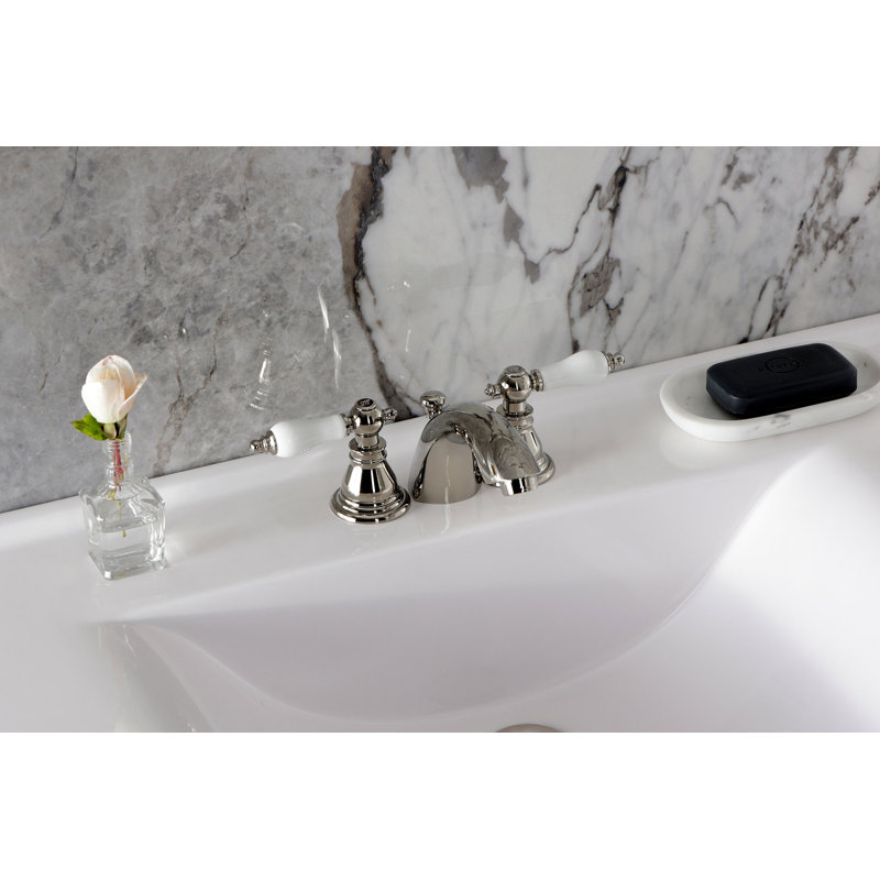 Kingston Brass American Patriot Two-Handle 3-Hole Deck Mount Mini-Widespread Bathroom Faucet with Plastic Pop-Up