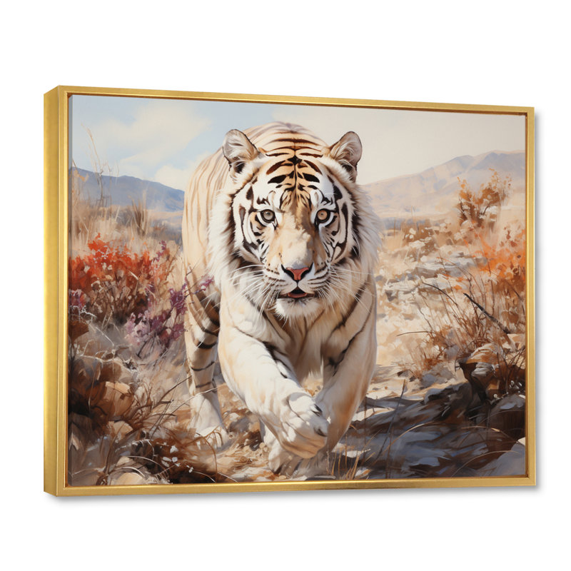 «White Tiger On Rolling Grassland II», reproduction d'art sur toile, Cadre flottant doré, H 30 po x l 40 po x P 1,5 po