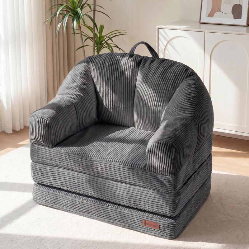 Corduroy Convertible Folding Bean Bag Sofa Bed,Floor Sleeper Couch with Handle, Corduroy Dark Grey