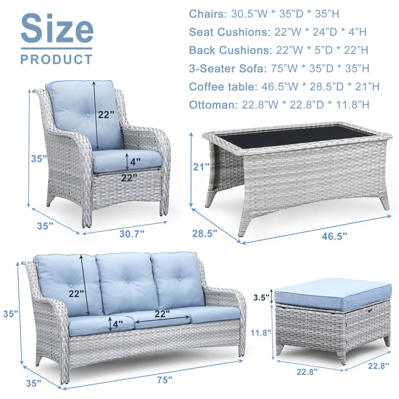 Schutt Wicker 5 - Person Patio Conversation Set with Cushions, Baby Blue