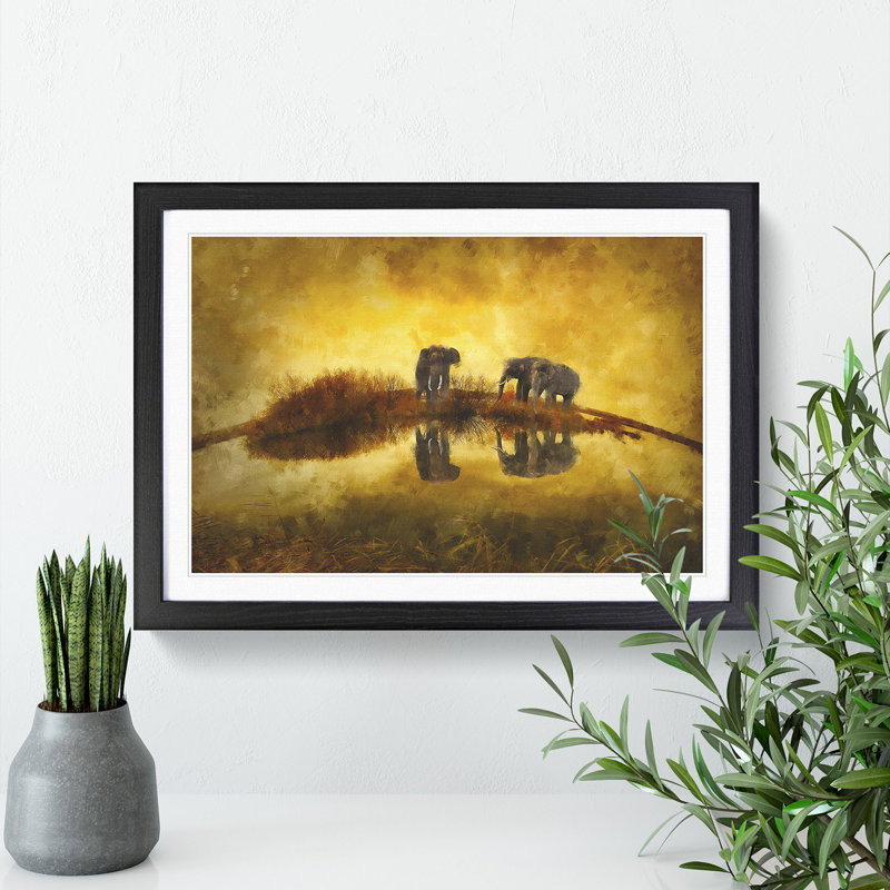 Elephants at Sunset - Framed Print, 36cm H x 48cm W x 2cm D, Black Framed