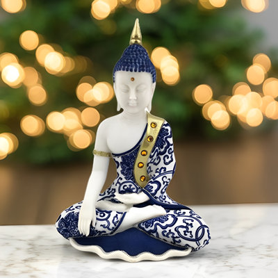 14.25"H Blue and White Buddha Meditating Figurine