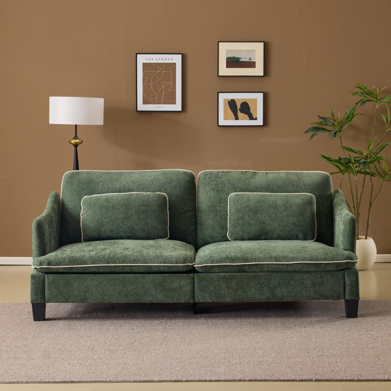  83.86"W Linen Blend Piped T-Cushions 2-Seat Loveseat Sofa, Green