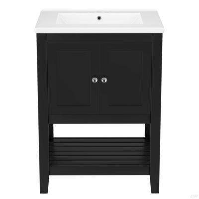 Lavabo de salle de bain moderne élégant en céramique 24 po avec tablette ouverte en bois massif