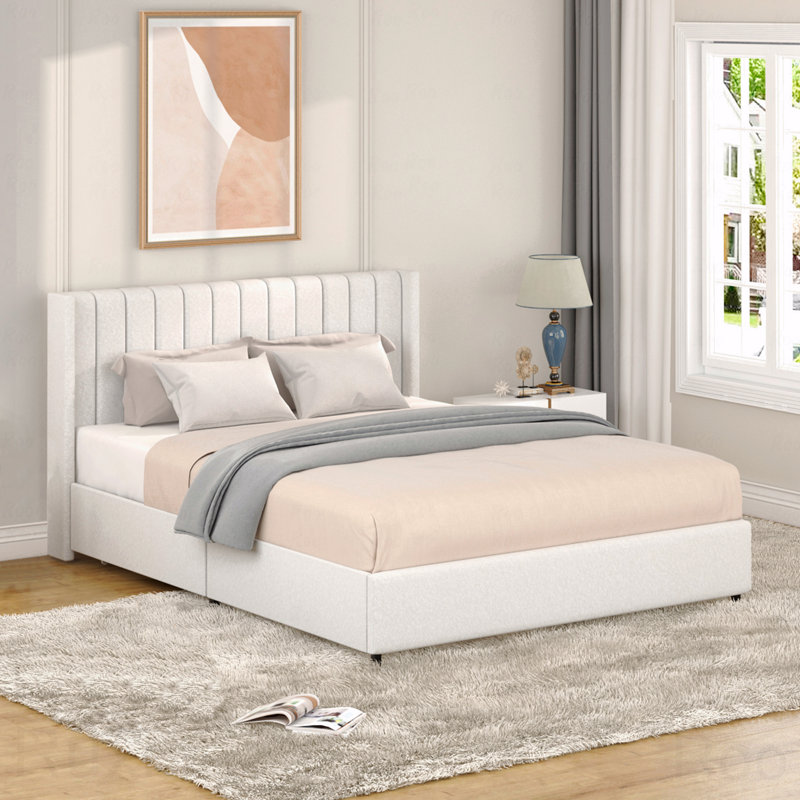Queen Boucle Upholstered Platform Bed Frame, Storage, Tufted