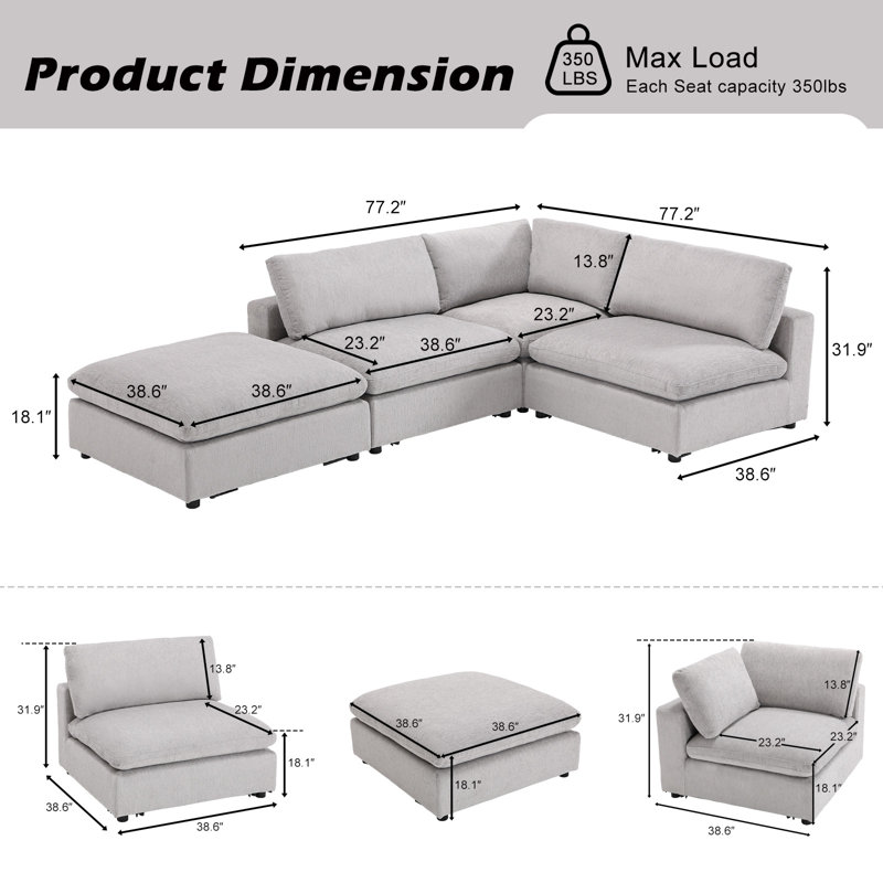 Nuccio 4-Piece Minimalist Modern Soft-Upholstered Sectional With Ottoman, Light Gray