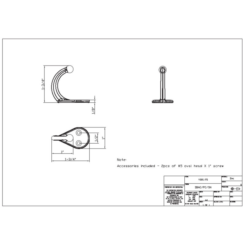 1-34 Single zinc wall mount hook. Finish DBAC., Satin Nickel