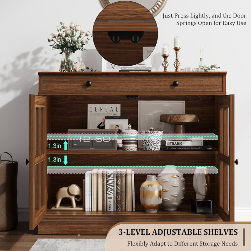 35.4" Walnut Farmhouse Sideboard with Drawer & Glass Doors, Coffee Wine Bar Cabinet, Red
