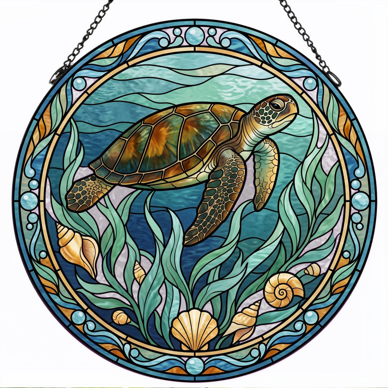 Panneau de vitrail de tortue de mer ， 7,8H, 7.8"H