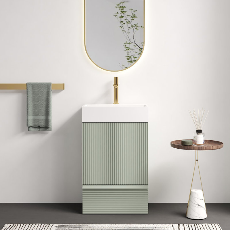 Armoire de salle de bain autoportante moderne, conception rayée, matériau standard E1, fermeture en douceur, meuble-lavabo de 20 po avec lavabo blanc, motif tendance, planche, fermeture en douceur, 50 000 cycles