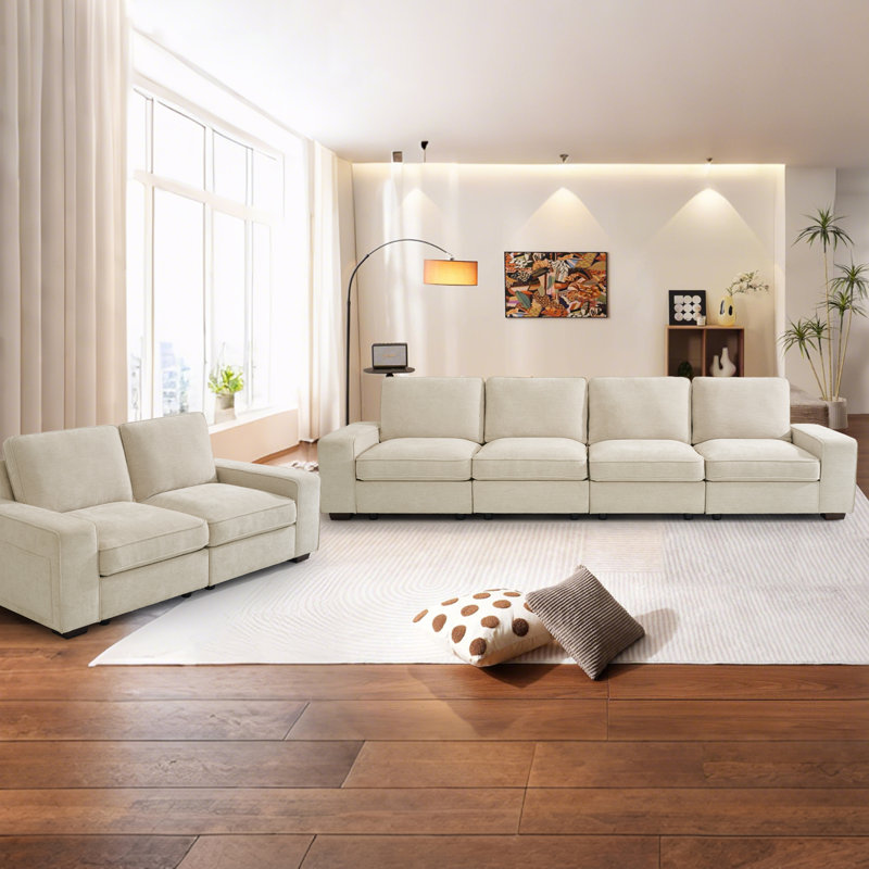 Modern Modular Chenille Sectional Sofa Set with Storage and USB Charging Port for Living Room and Apartment, 6, Beige