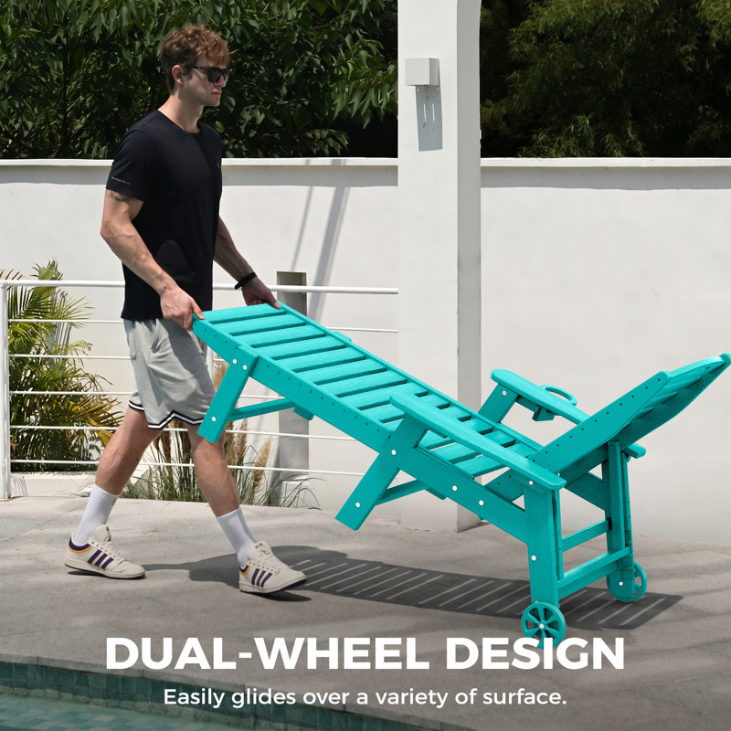 Outdoor HDPE Reclining Lounge Chaise With Wheels & Cup Holder, Lake Blue