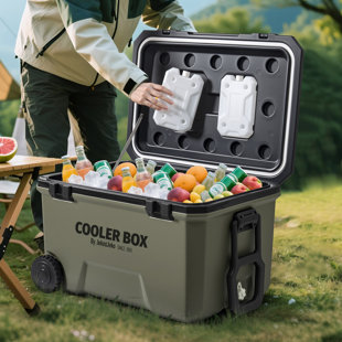 Glacière à roulettes portative de 60 pte Jeko & Jeko avec sacs de glace, glacière à long isolement avec deux loquets, porte-gobelets, ouvre-bouteille et robinet de vidange, idéale pour le camping, la pêche, le pique-nique, la plage (noir et gris)