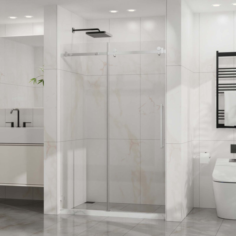 Porte de douche sans cadre, porte coulissante en verre coulissante silencieuse, verre trempé transparent de 1/4 po (6 mm) d'épaisseur avec revêtement facile à nettoyer, acier inoxydable 304 robuste