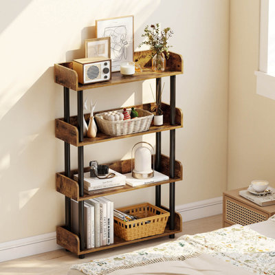 1 PCS 4-Tier Bookshelf with Anti-Tipping Kit Industrial Storage Unit for Living Room Rustic Brown