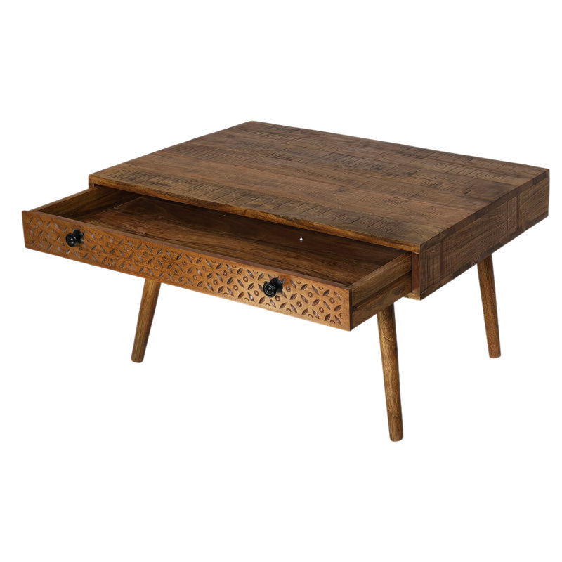  Solid Acacia Wood Coffee Table With Hand Carved Drawer 90x60cm