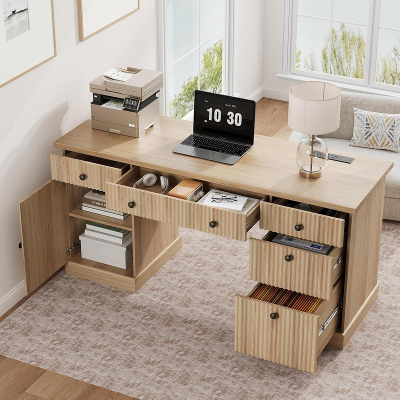 60" Fluted Executive Desk with Charging Station – File Drawer & Storage for Home Office, Study, Bedroom, Beige