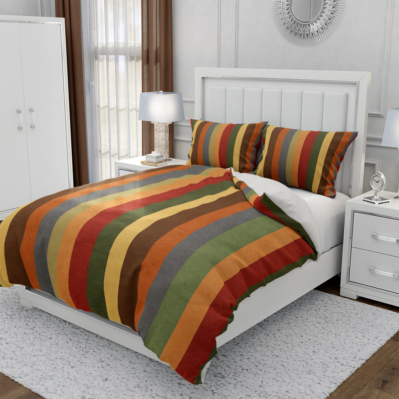 Housse de couette et taies décoratives à rayures rouge foncé, vertes et brunes