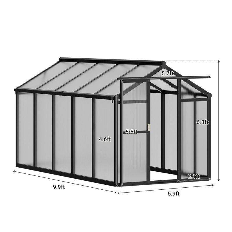 6x10/6x8 FT Greenhouse,  Aluminum Polycarbonate, Black, 120"