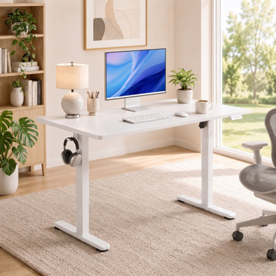 Bureau assis-debout électrique réglable en hauteur de 150 cm (59 po) avec gestion des câbles, réglages mémorisables et crochet, blanc