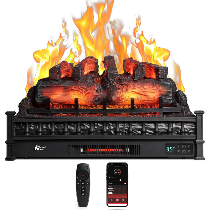 30" WiFi Infrared Quartz Electric Fireplace Log with Sound Crackling, Adjustable Flame Colours, Black
