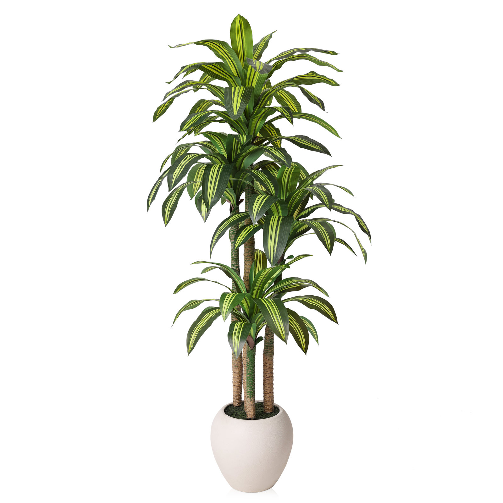 Romney Faux UV Resistant Dracaena Tree with White Tall Planter for Indoor Outdoor Home Decor, 84" H x 30" W